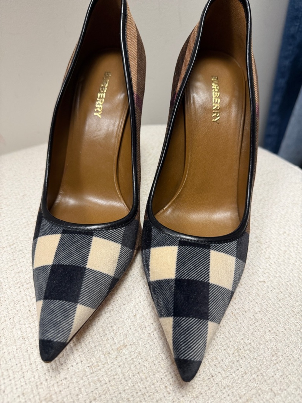 Burberry Beige & Black Check Pointed Toe Heels
